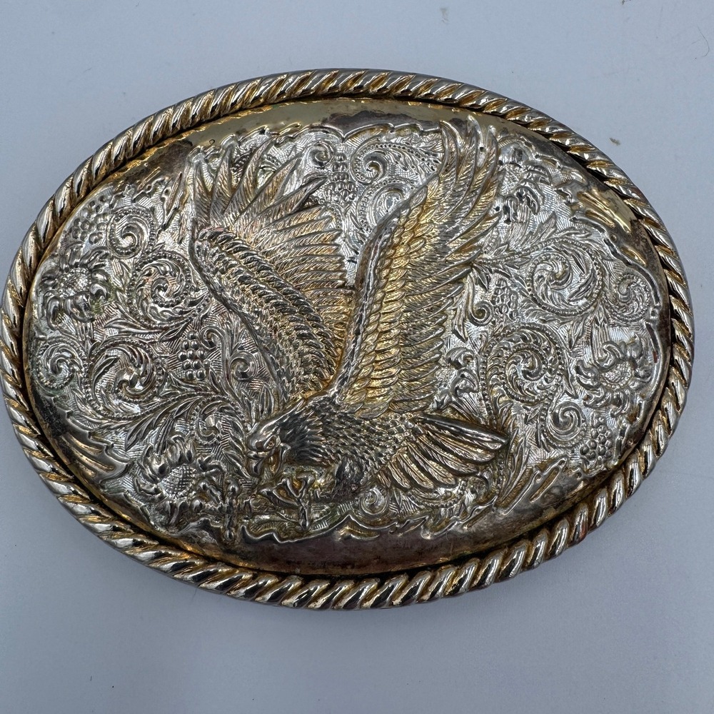 Ivan Western Eagle‎ Belt Buckle Silver Gold Tone Floral Scrollwork Rope Border